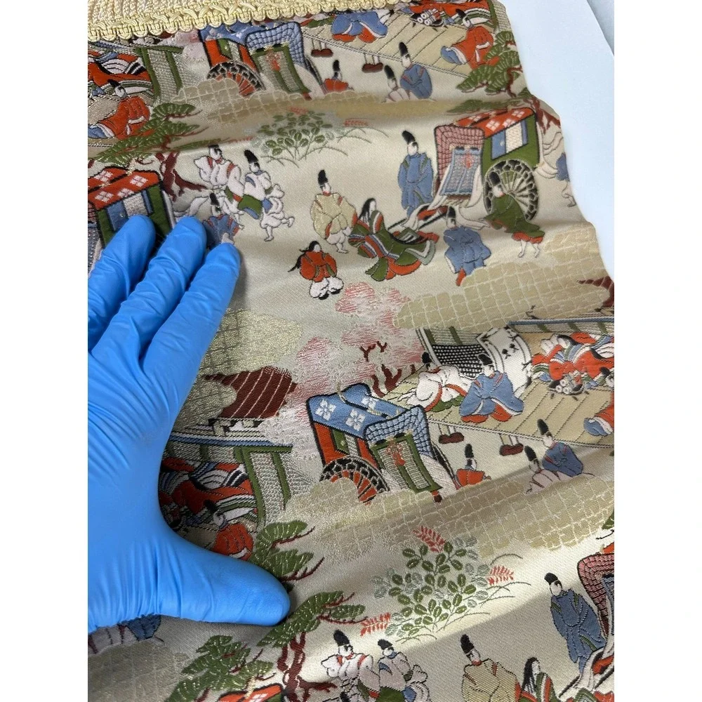 Vintage Japanese Silk Brocade Table Runner Gold Metallic Court Scene B-8